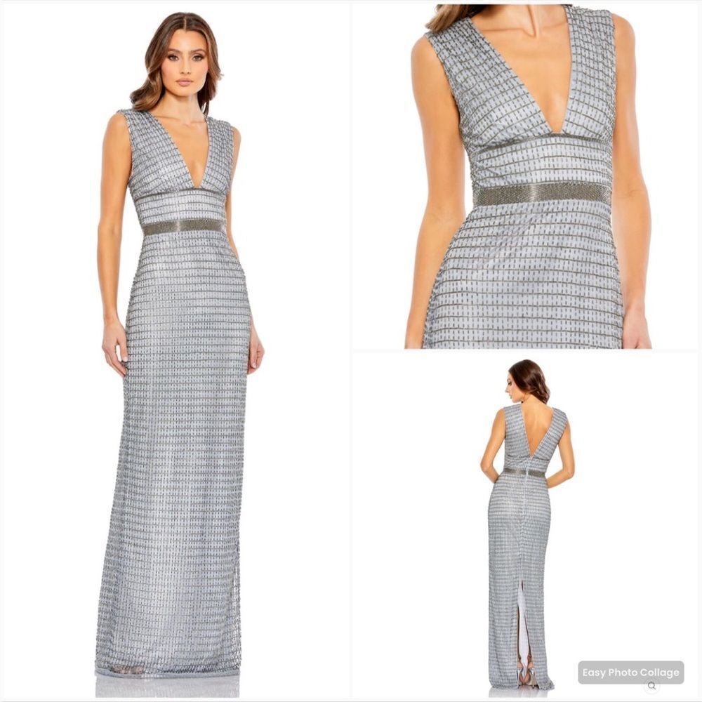 Mac Duggal 5625 Beaded Cap Sleeve V Neck Column Gown Dress Silver Size 4